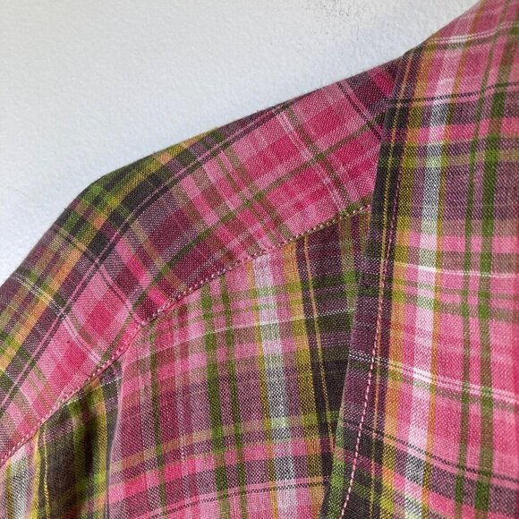 Mens Joseph Abboud Linen Short Sleeve Plaid Button Shirt Pink Green 2XL - Picture 4 of 6